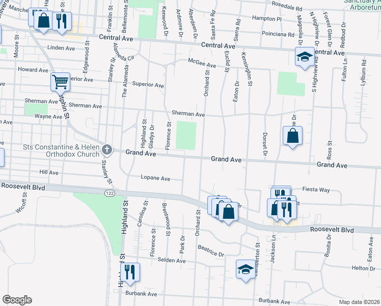 map of restaurants, bars, coffee shops, grocery stores, and more near 3010 Grand Avenue in Middletown