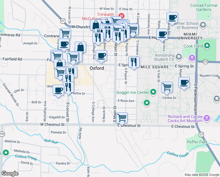 map of restaurants, bars, coffee shops, grocery stores, and more near 518 Ohio 732 in Oxford