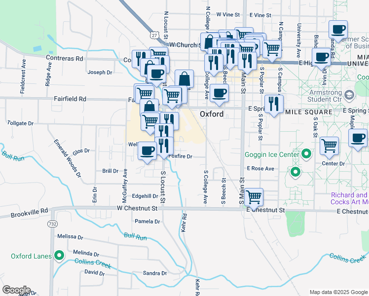 map of restaurants, bars, coffee shops, grocery stores, and more near 215 Foxfire Drive in Oxford