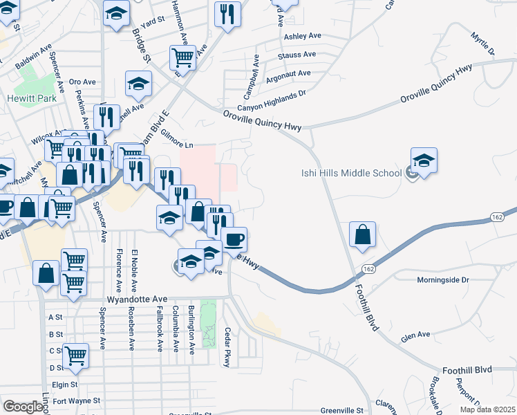 map of restaurants, bars, coffee shops, grocery stores, and more near 2845 Olive Highway in Oroville