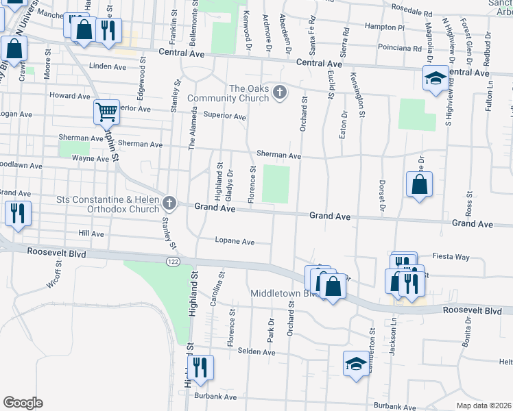 map of restaurants, bars, coffee shops, grocery stores, and more near 605 Florence Street in Middletown