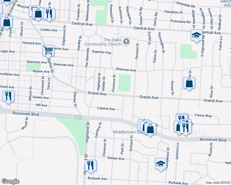 map of restaurants, bars, coffee shops, grocery stores, and more near 2901 Grand Avenue in Middletown