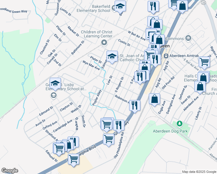 map of restaurants, bars, coffee shops, grocery stores, and more near 437 Law Street in Aberdeen