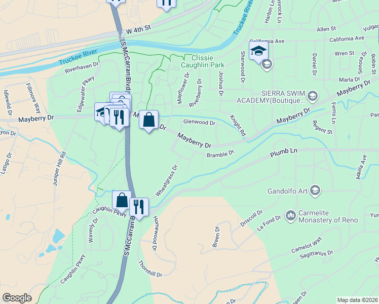 map of restaurants, bars, coffee shops, grocery stores, and more near 3111 Bramble Drive in Reno