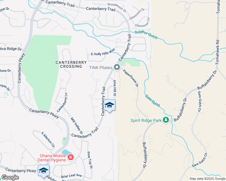 map of restaurants, bars, coffee shops, grocery stores, and more near 11630 Pine Hill Street in Parker