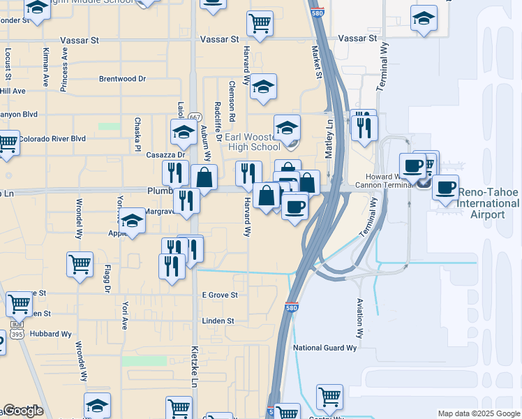 map of restaurants, bars, coffee shops, grocery stores, and more near 1100 East Plumb Lane in Reno
