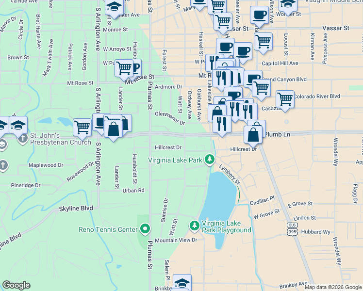 map of restaurants, bars, coffee shops, grocery stores, and more near 1810 Watt Street in Reno