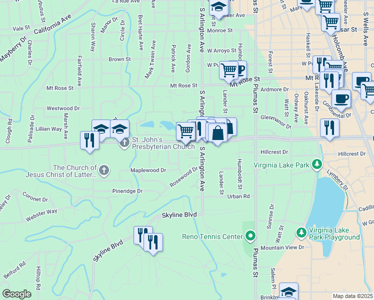 map of restaurants, bars, coffee shops, grocery stores, and more near 575 West Plumb Lane in Reno