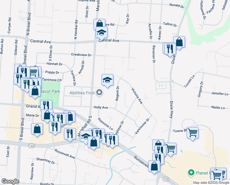 map of restaurants, bars, coffee shops, grocery stores, and more near 401 Regent Drive in Middletown