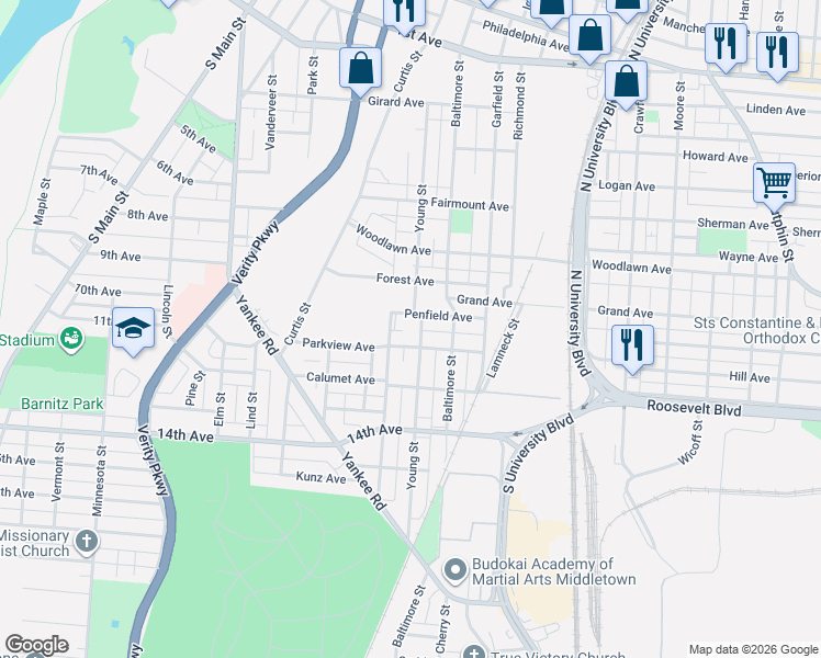 map of restaurants, bars, coffee shops, grocery stores, and more near 801 Young Street in Middletown