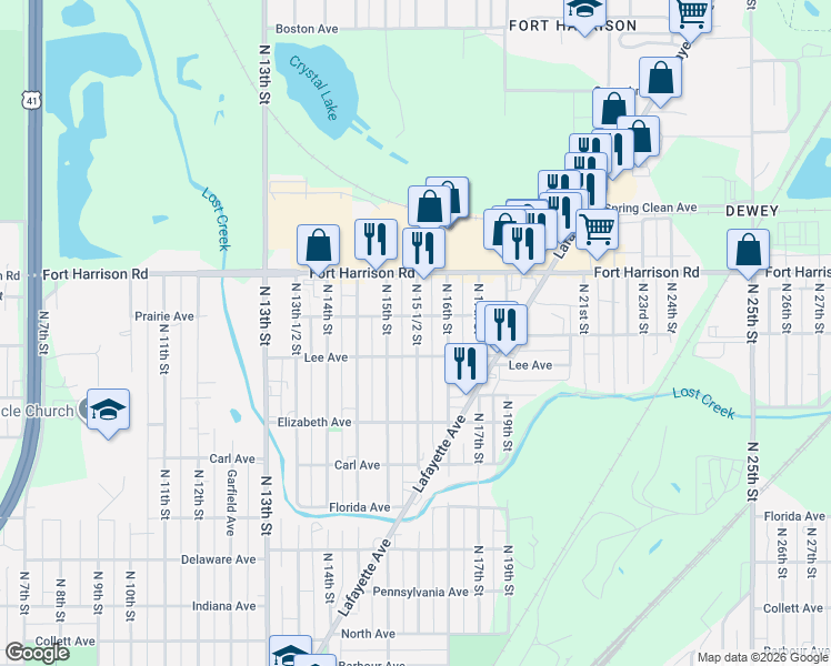 map of restaurants, bars, coffee shops, grocery stores, and more near 1550-1598 Prairie Avenue in Terre Haute