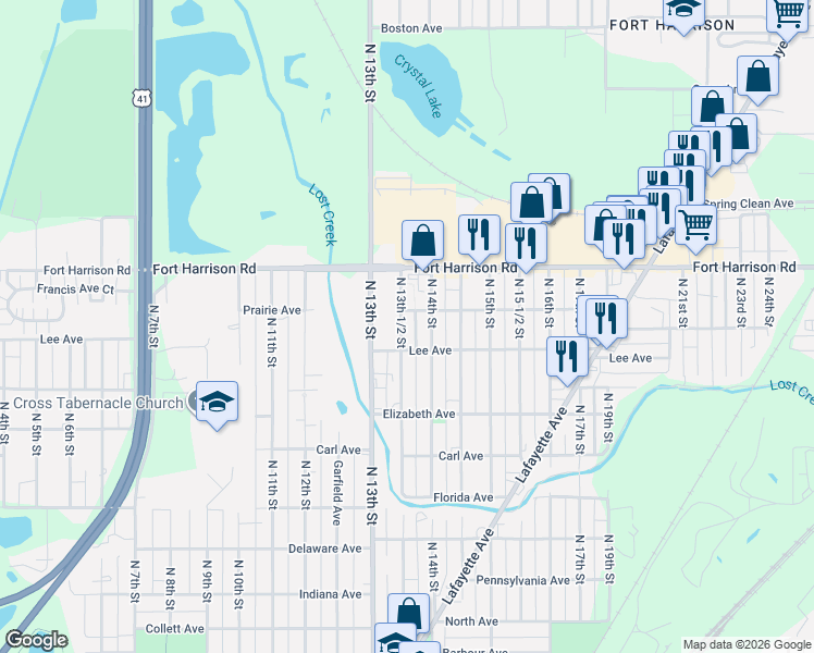 map of restaurants, bars, coffee shops, grocery stores, and more near 3202 North 14th Street in Terre Haute
