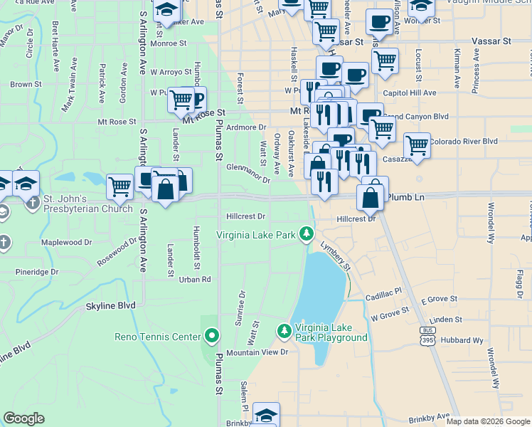 map of restaurants, bars, coffee shops, grocery stores, and more near 1810 Watt Street in Reno