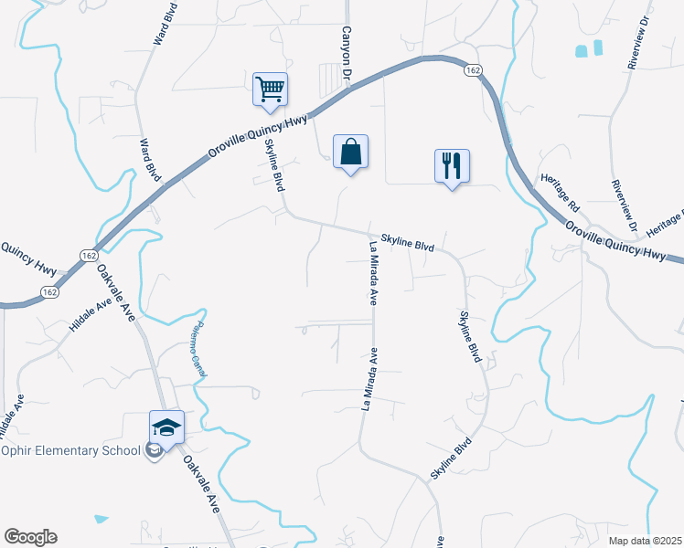 map of restaurants, bars, coffee shops, grocery stores, and more near 32 La Mirada Avenue in Oroville
