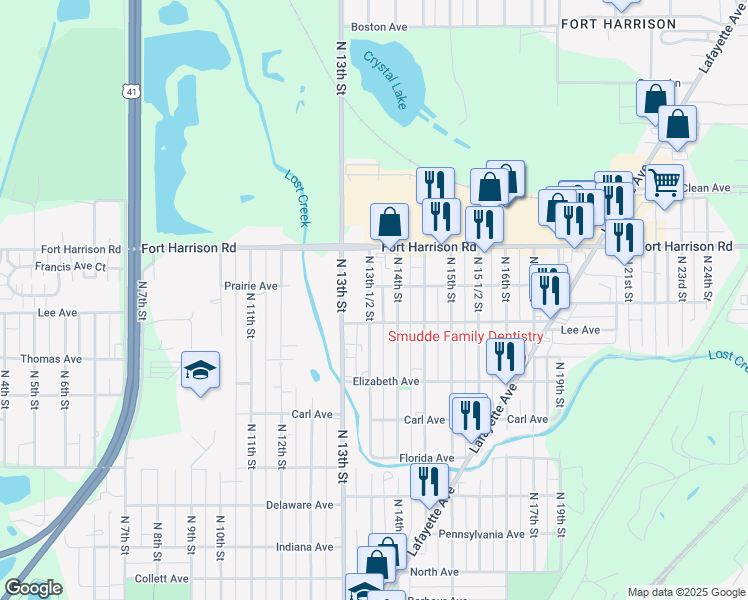 map of restaurants, bars, coffee shops, grocery stores, and more near 3202 North 14th Street in Terre Haute