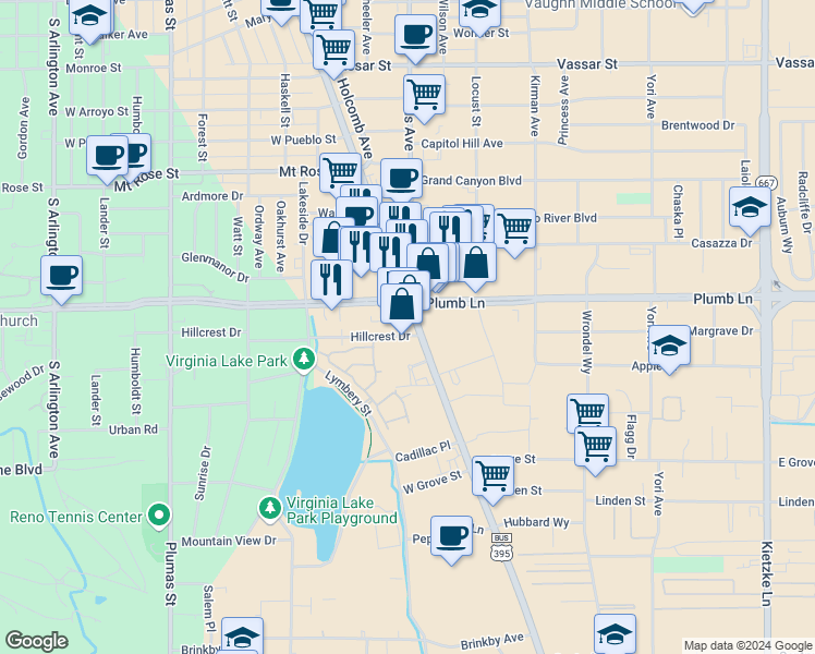 map of restaurants, bars, coffee shops, grocery stores, and more near 1901 South Virginia Street in Reno