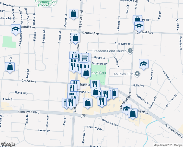 map of restaurants, bars, coffee shops, grocery stores, and more near 4501 Grand Avenue in Middletown