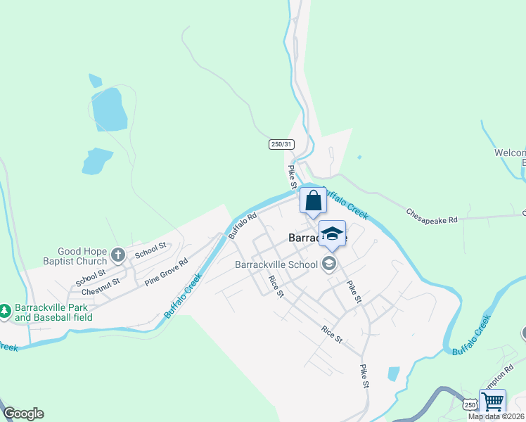 map of restaurants, bars, coffee shops, grocery stores, and more near Pine Grove-Barrackville Rd in Fairmont