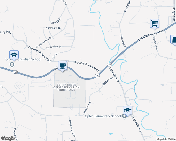 map of restaurants, bars, coffee shops, grocery stores, and more near 2940 Oro Quincy Highway in Oroville
