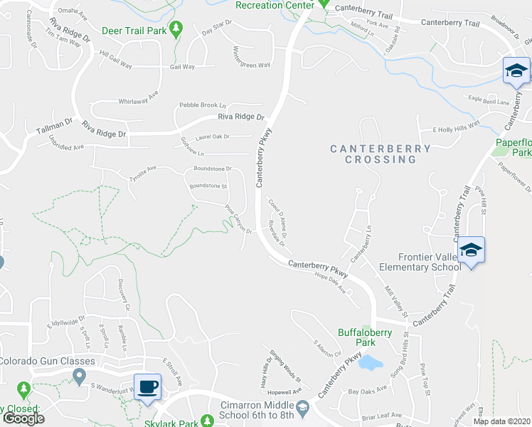 map of restaurants, bars, coffee shops, grocery stores, and more near 11631 Riverdale Drive in Parker