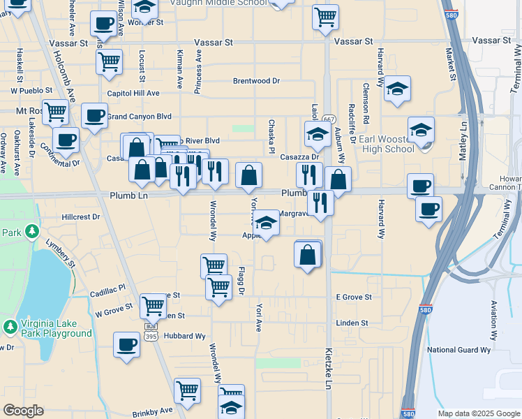 map of restaurants, bars, coffee shops, grocery stores, and more near 620 East Plumb Lane in Reno