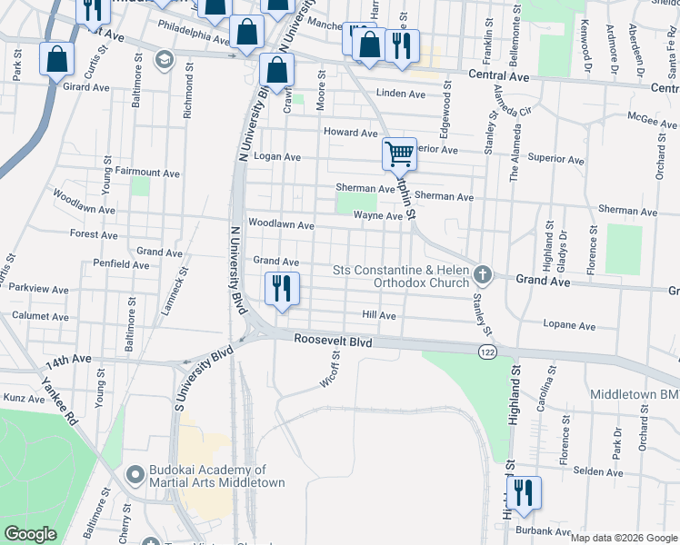 map of restaurants, bars, coffee shops, grocery stores, and more near 2007 Grand Avenue in Middletown