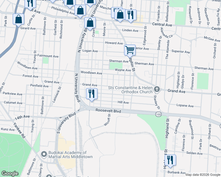 map of restaurants, bars, coffee shops, grocery stores, and more near 2007 Grand Avenue in Middletown