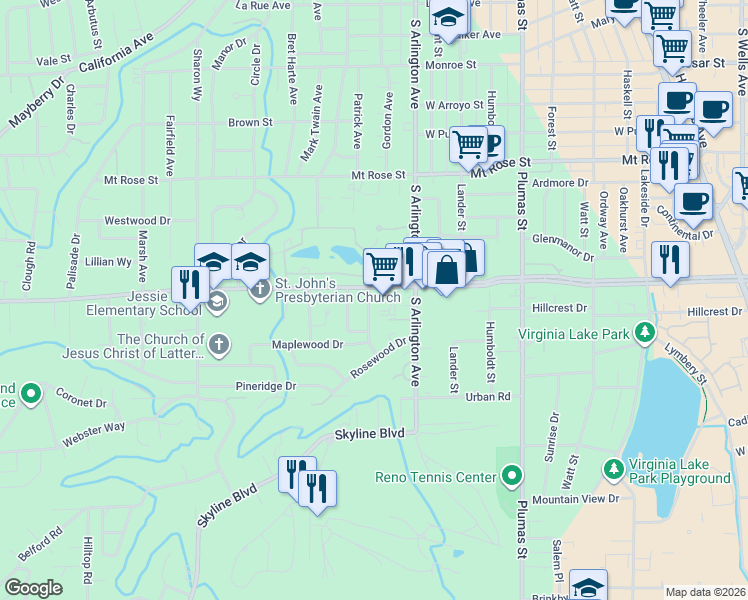 map of restaurants, bars, coffee shops, grocery stores, and more near 575 West Plumb Lane in Reno