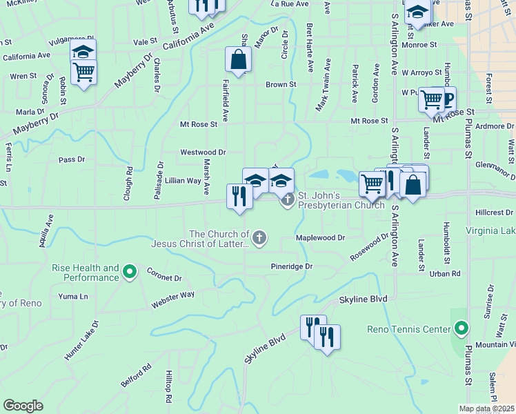 map of restaurants, bars, coffee shops, grocery stores, and more near 1900 Sharon Way in Reno