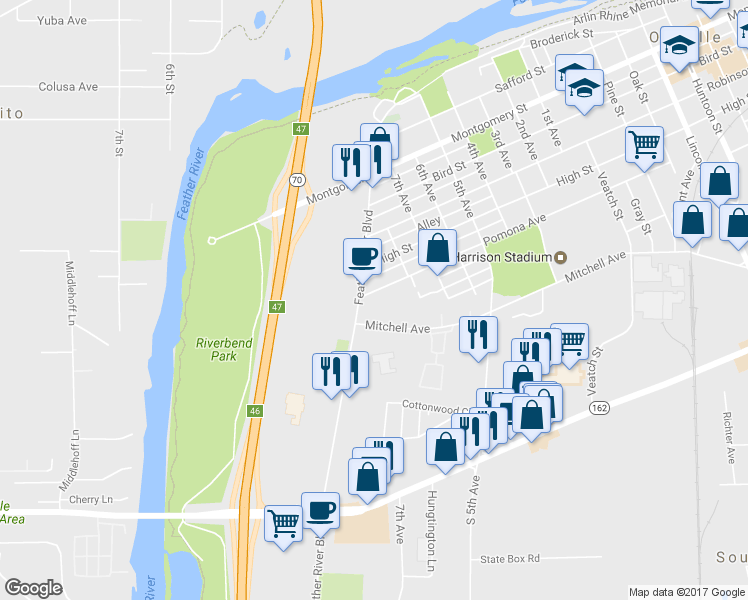 map of restaurants, bars, coffee shops, grocery stores, and more near 425 Pomona Avenue in Oroville