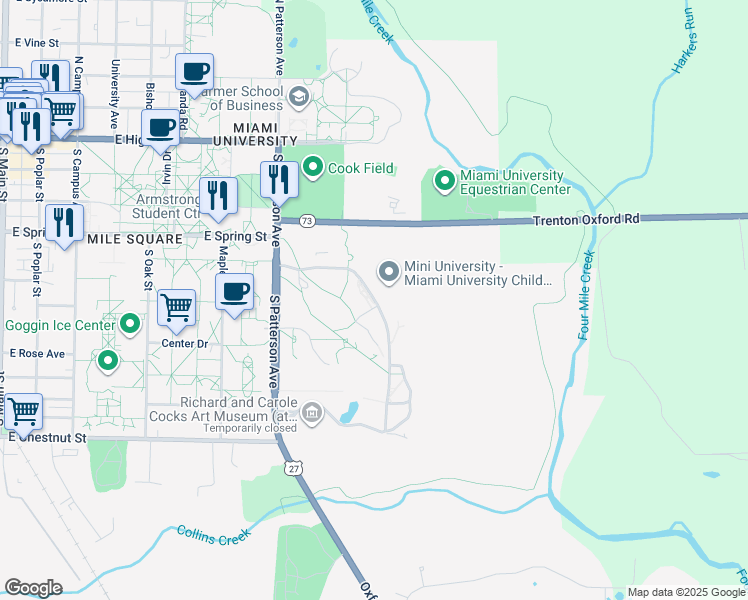 map of restaurants, bars, coffee shops, grocery stores, and more near 400 Western College Drive in Oxford