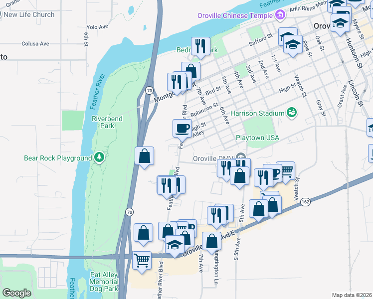map of restaurants, bars, coffee shops, grocery stores, and more near 425 Pomona Avenue in Oroville