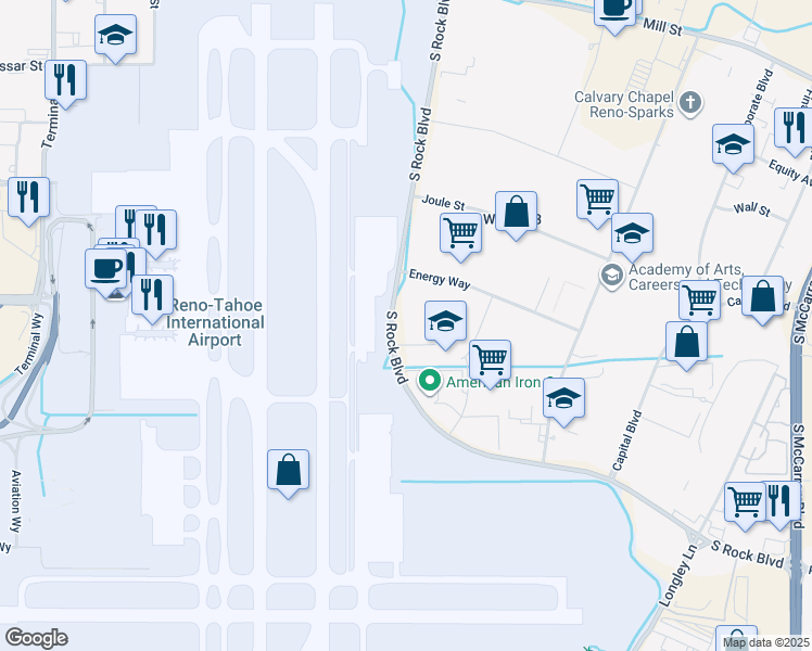 map of restaurants, bars, coffee shops, grocery stores, and more near 520 South Rock Boulevard in Reno