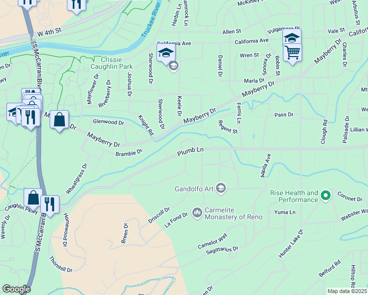 map of restaurants, bars, coffee shops, grocery stores, and more near 45 Suda Way in Reno