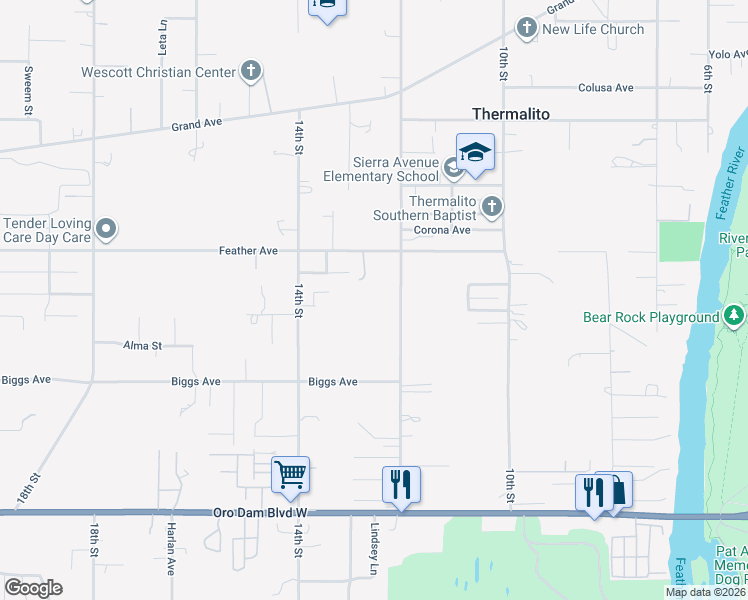 map of restaurants, bars, coffee shops, grocery stores, and more near 1327 12th Street in Oroville