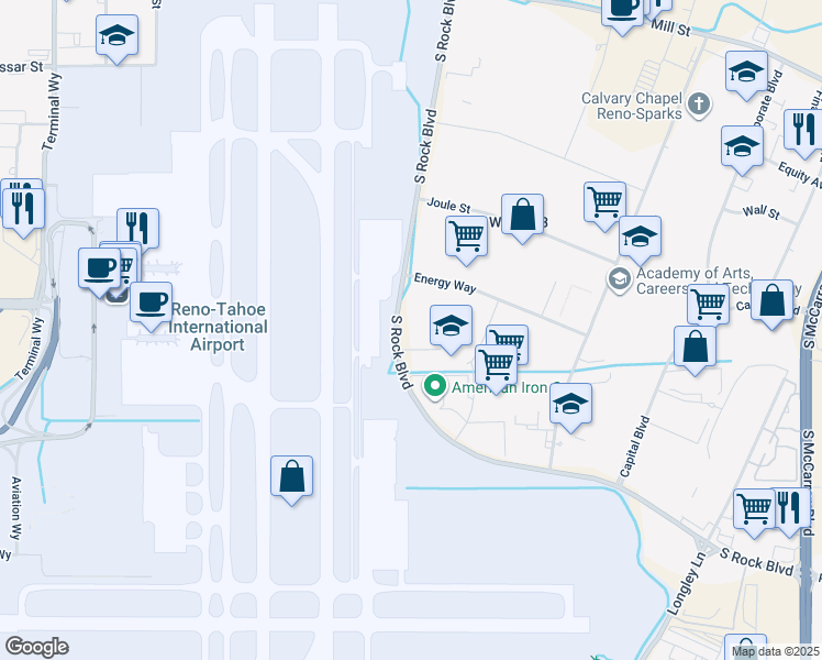 map of restaurants, bars, coffee shops, grocery stores, and more near 520 South Rock Boulevard in Reno