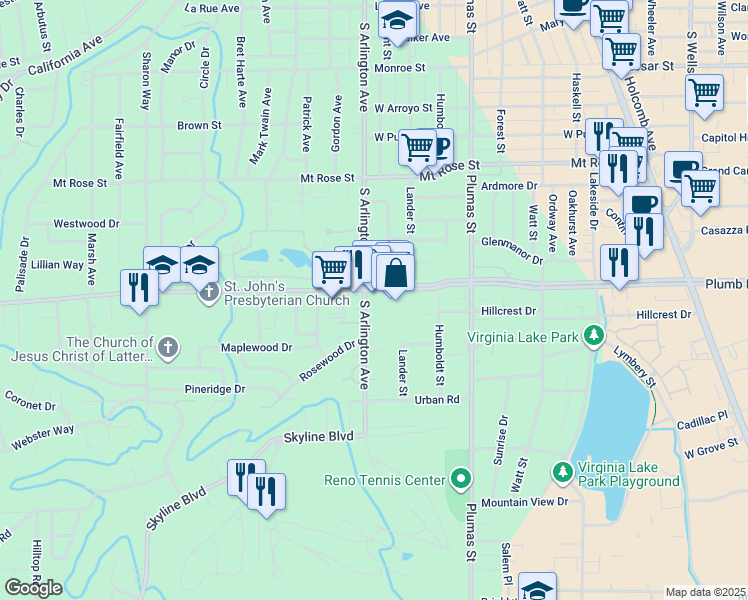 map of restaurants, bars, coffee shops, grocery stores, and more near 550 West Plumb Lane in Reno