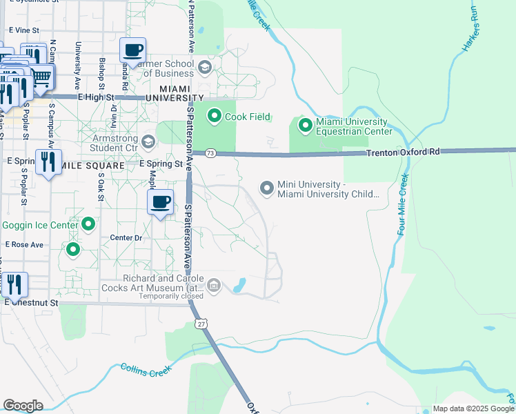 map of restaurants, bars, coffee shops, grocery stores, and more near 400 Western College Drive in Oxford