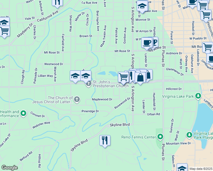 map of restaurants, bars, coffee shops, grocery stores, and more near 1320 Dartmouth Drive in Reno
