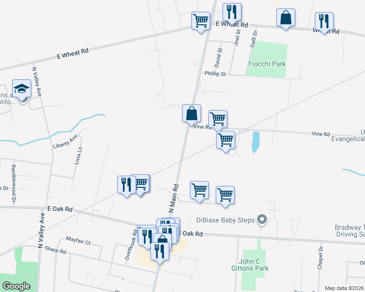 map of restaurants, bars, coffee shops, grocery stores, and more near 1450 North Main Road in Vineland