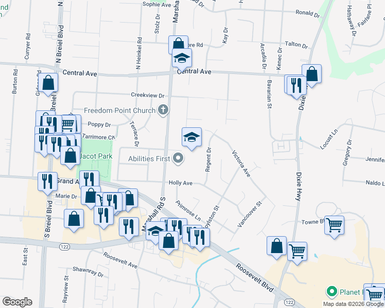 map of restaurants, bars, coffee shops, grocery stores, and more near 4800 Timber Trail Drive in Middletown