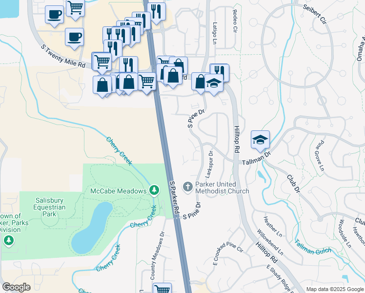 map of restaurants, bars, coffee shops, grocery stores, and more near 11640 Solar Circle in Parker