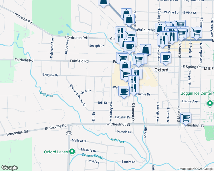 map of restaurants, bars, coffee shops, grocery stores, and more near 640 McGuffey Avenue in Oxford