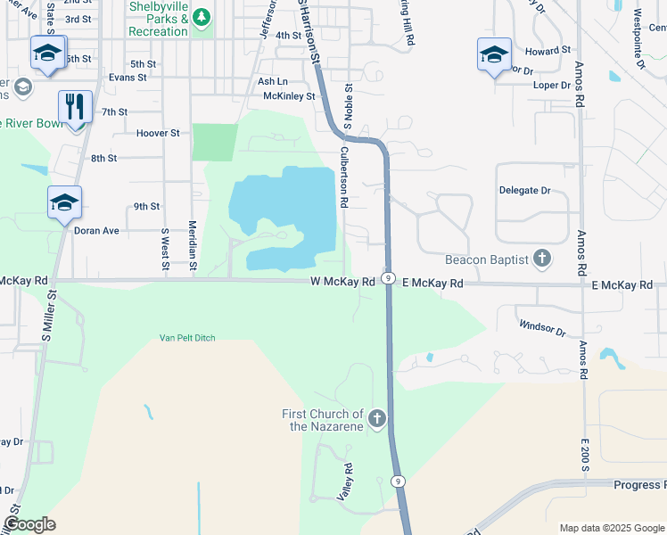map of restaurants, bars, coffee shops, grocery stores, and more near 106 Lakeside Court in Shelbyville