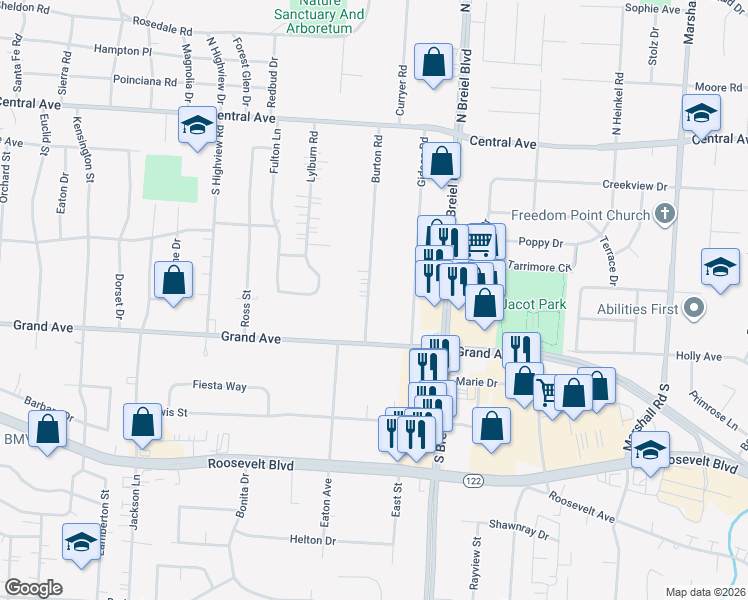 map of restaurants, bars, coffee shops, grocery stores, and more near 511 Burton Road in Middletown