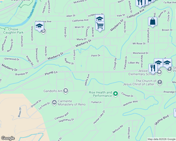 map of restaurants, bars, coffee shops, grocery stores, and more near 1575 Krupp Circle in Reno