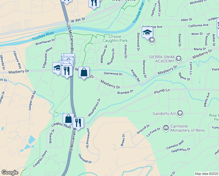 map of restaurants, bars, coffee shops, grocery stores, and more near 3111 Bramble Drive in Reno