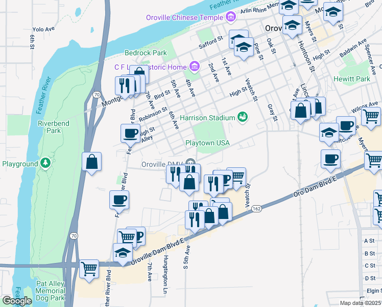 map of restaurants, bars, coffee shops, grocery stores, and more near 1872 5th Avenue in Oroville