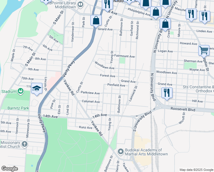 map of restaurants, bars, coffee shops, grocery stores, and more near 801 Young Street in Middletown