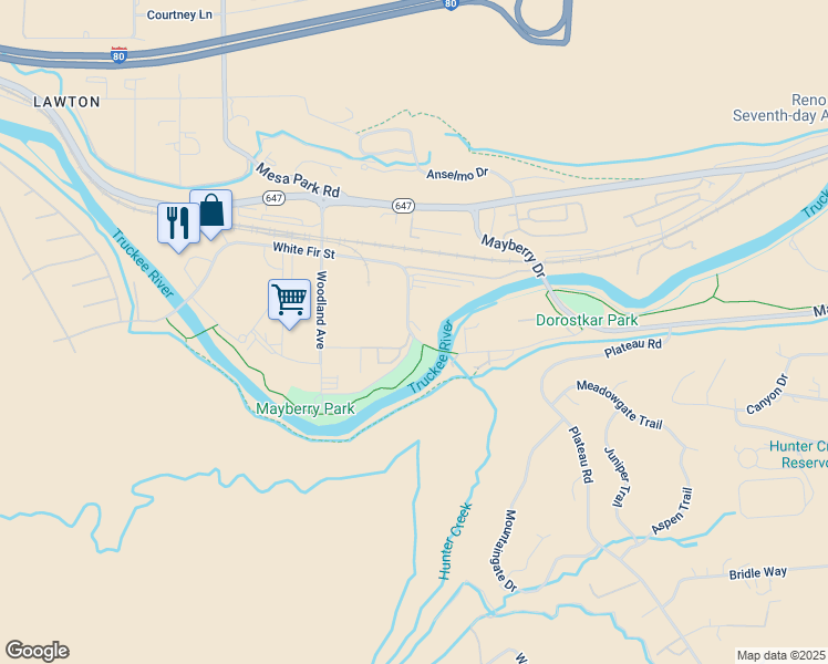 map of restaurants, bars, coffee shops, grocery stores, and more near 7777 White Fir Street in Reno